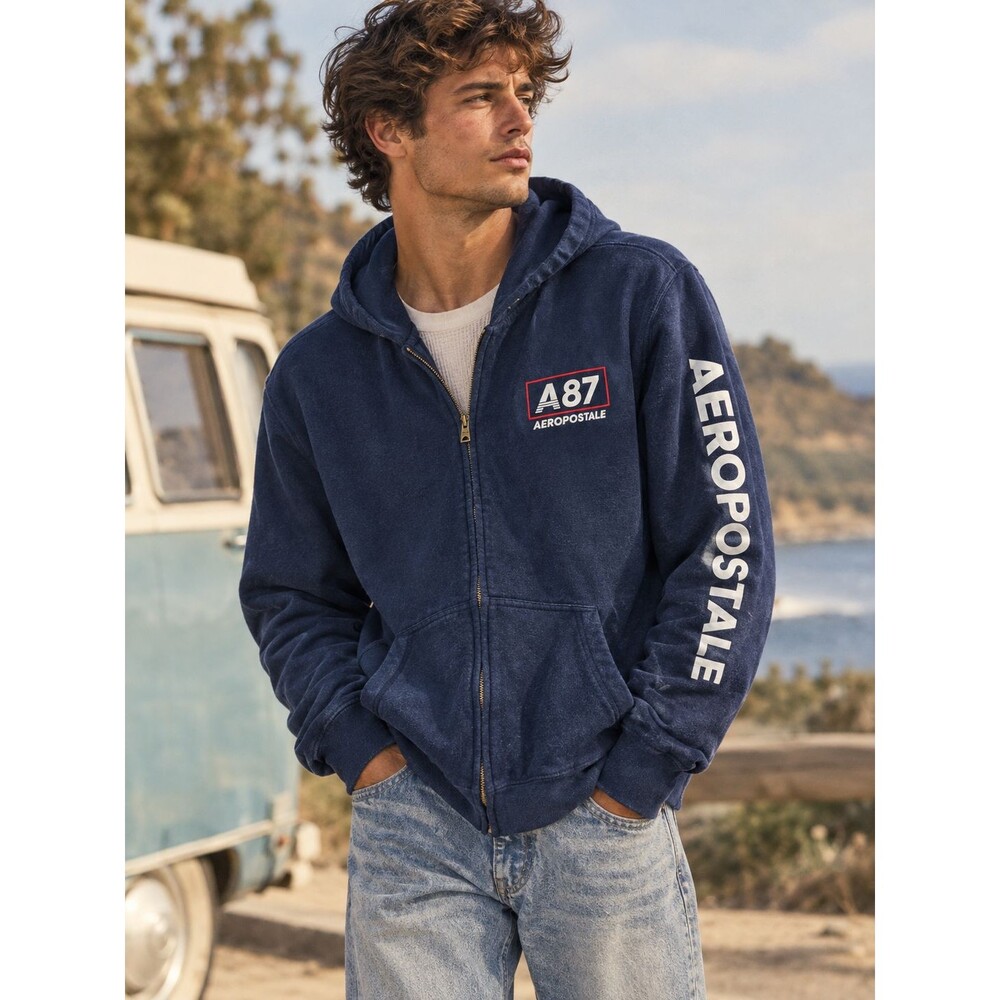 Aeropostale A87 Full Zip Hoodie Y2K Preppy Sweatshirt Navy Blue Men's Size L